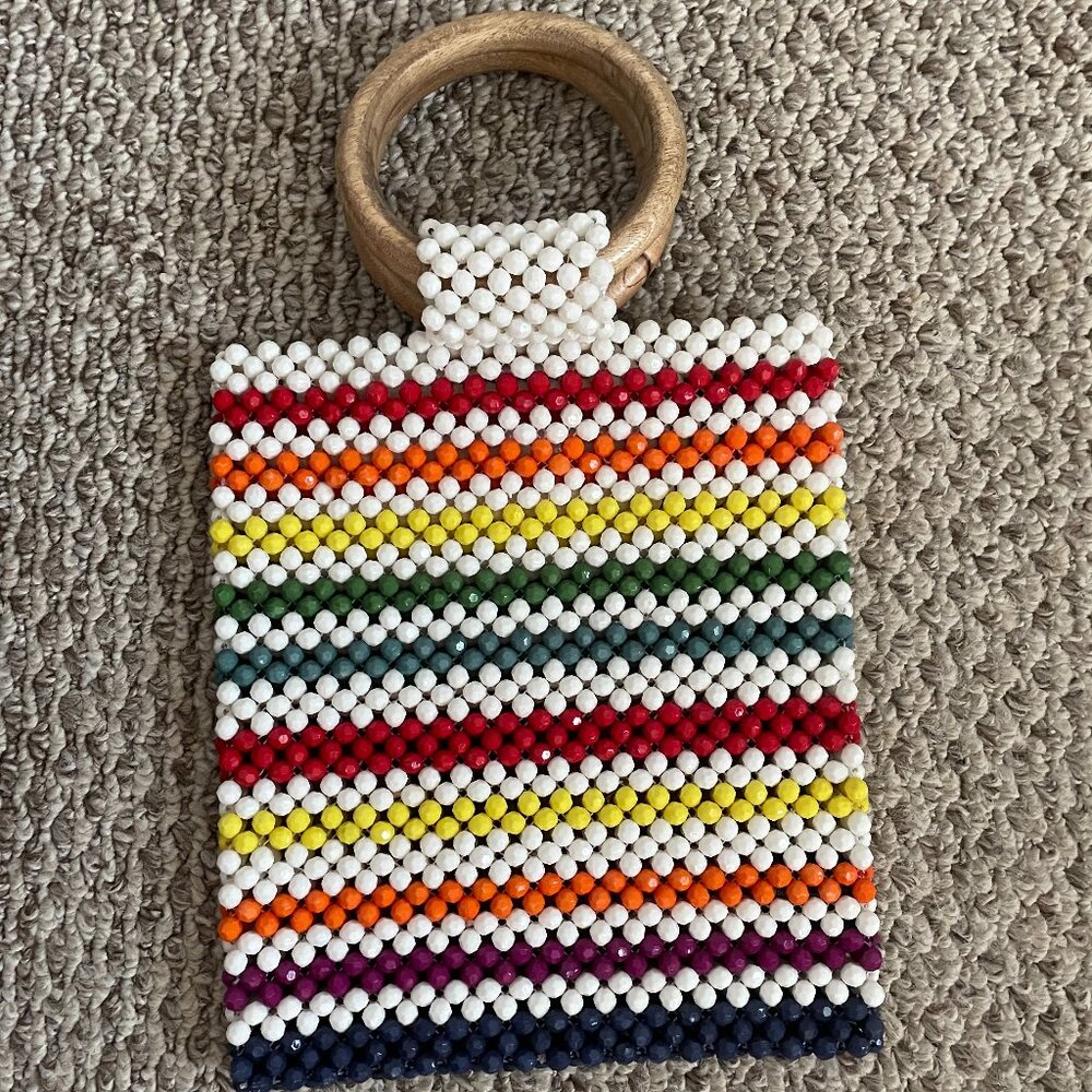 Rainbow Multicolored Boho Beaded Small Purse Handbag Wooden Handle